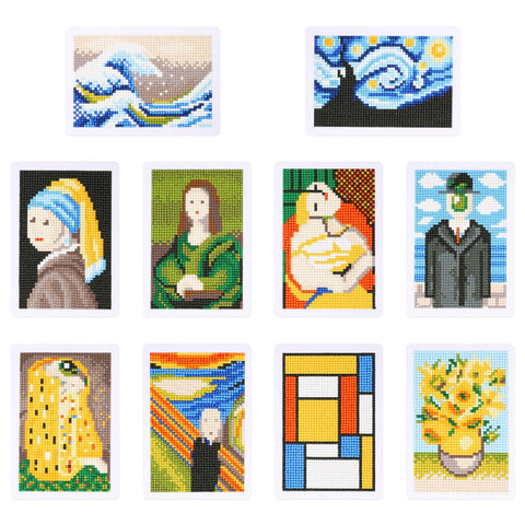 Image of set of 10 mini diamond paintings featuring iconic artworks from famous artists, including Van Gogh, Munch, Klimt, and more, perfect for art lovers and classic art enthusiasts