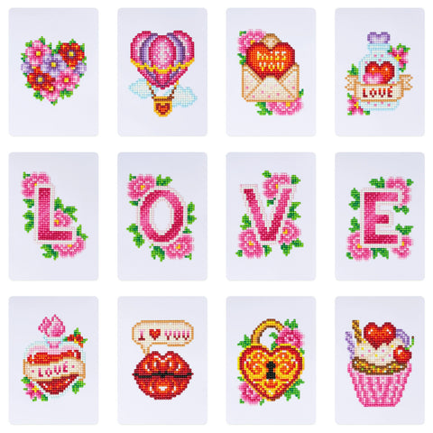 Image of set of 12 mini diamond paintings featuring romantic love symbols, including hearts, love letters, balloons, and "LOVE" letters, perfect for Valentine's Day crafting and romantic decorations
