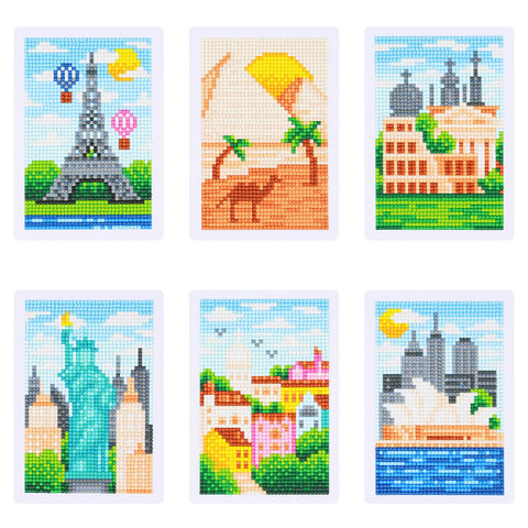 Image of set of 6 mini diamond paintings featuring iconic world landmarks, including the Eiffel Tower, pyramids, Statue of Liberty, and more, perfect for travel enthusiasts and craft lovers