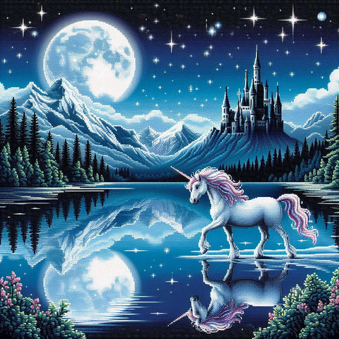Image of Diamond painting artwork of a mythical unicorn standing near a castle by a lake.