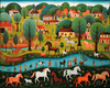 Diamond painting of a colorful scene with horses, people, trees, and houses in a naive art style.