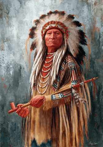 Image of Diamond painting portrait of a Native American chief in traditional headdress.