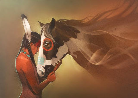 Image of Diamond painting of a Native American man in traditional clothing, adorned with feathers, standing proudly beside a horse on the plains.