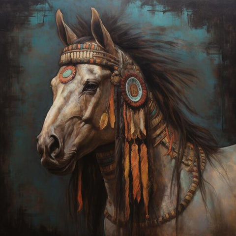Image of Diamond painting depicting a Native American horse decorated with tribal paint and feathers, symbolizing a strong bond between humans and animals.