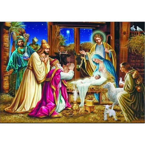 Image of Diamond painting kit depicting the Nativity scene with baby Jesus, Mary, Joseph, and the manger.