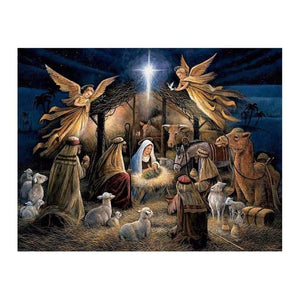 Diamond painting depicting the Nativity scene, featuring the birth of Jesus.