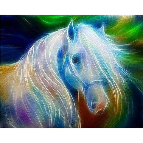 Image of Diamond painting of a white horse with a glowing neon mane.