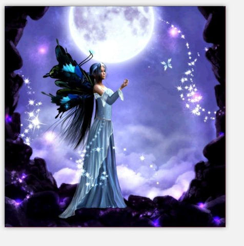 Image of Diamond painting of an enchanting night fairy bathed in the light of a full moon.