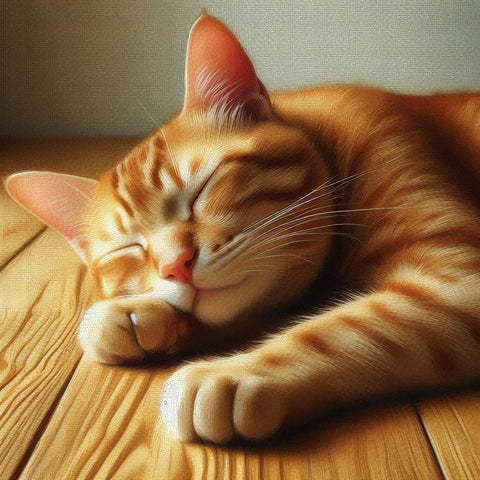 Image of Diamond painting of orange tabby cat sleeping on wood floor