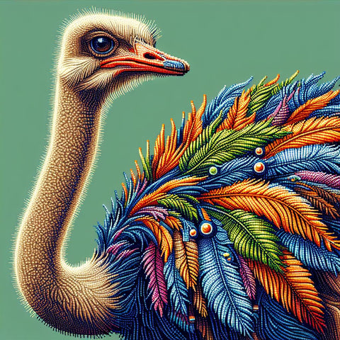 Image of Diamond painting of an ostrich with vibrant, colorful feathers in a dazzling display.