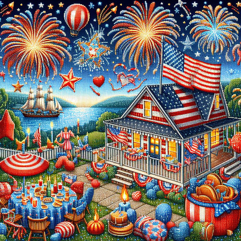 Image of Patriotic diamond painting of a house celebrating the Fourth of July with fireworks.