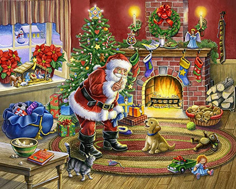 Image of Sparkly diamond painting featuring a mischievous Santa delivering gifts.