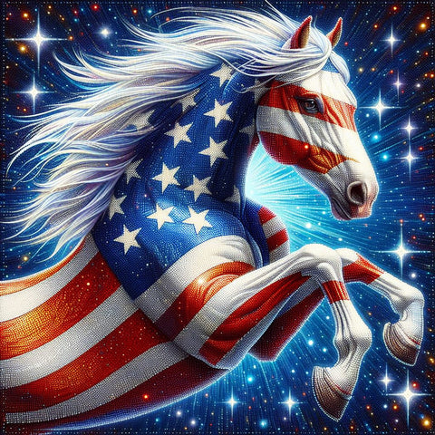 Image of Diamond painting of a majestic stallion painted with the colors of the American flag.