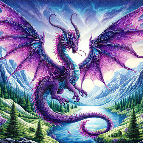 Image of Diamond Painting: Purple Dragon with Mountains on the background