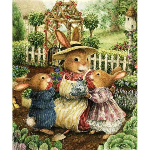 Image of Rabbit Family Enjoying Tea in a Garden diamond painting