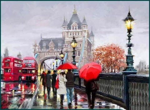Image of Red double-decker buses and red umbrellas on black and white diamond painting