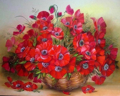 Image of Diamond painting of a basket overflowing with vibrant red poppy flowers.