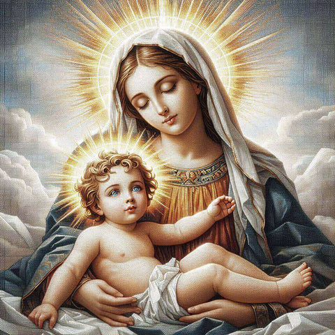 Image of Diamond painting of the Virgin Mary holding baby Jesus.