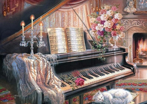 Image of Diamond painting of a grand piano with a red rose on its open lid.