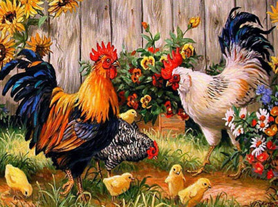 Diamond painting of roosters and chicks pecking for food in a grassy farmyard. 