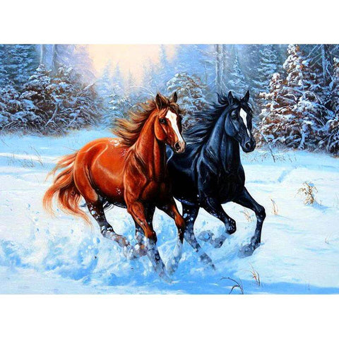 Image of Diamond painting of two horses running through the snow.
