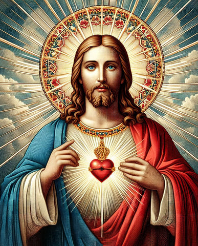 Image of Diamond painting of the Sacred Heart of Jesus, a devotional image depicting Jesus Christ with a heart radiating light.