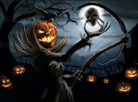 Image of Diamond Painting of a Scary Scarecrow with a Pumpkin Head and a Skull