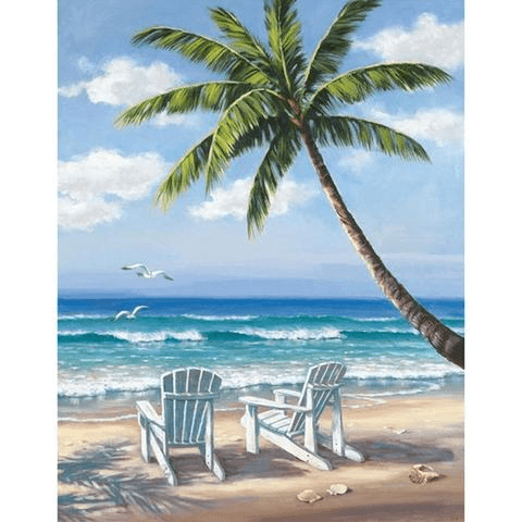 Image of Diamond painting of a scenic beach view with two lounge chairs and a palm tree.