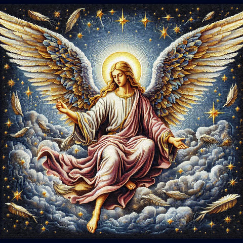 Image of Diamond painting of a serene angel with flowing robes, gazing down from the clouds.