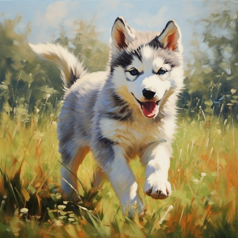 Image of Diamond Painting of a Playful Siberian Husky Puppy Running in a Field