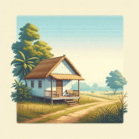 Image of Diamond painting of a cozy thatched-roof rest house in a peaceful field.