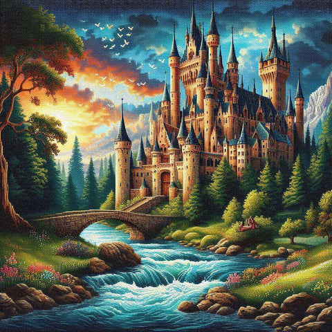 Image of Sparkling diamond art featuring a majestic medieval castle surrounded by towering trees.