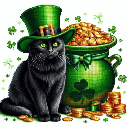 Image of Sparkling diamond art featuring a black cat with a shamrock, a symbol of St. Patrick's Day.