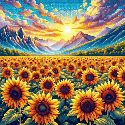 Image of Sparkling diamond art featuring a vast field of sunflowers blooming brightly on a summer farm.