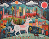 A shimmering diamond painting showcasing a playful wolf rendered in a folk art aesthetic.