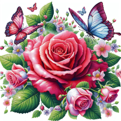 Image of Sparkling diamond art featuring a vibrant bouquet of red roses with delicate butterflies.