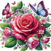 Sparkling diamond art featuring a vibrant bouquet of red roses with delicate butterflies.