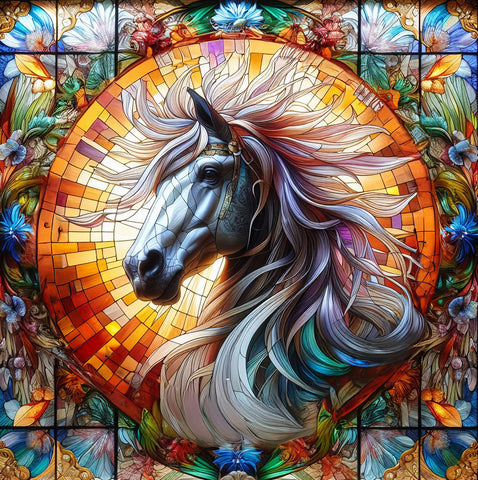 Image of Diamond painting of a majestic stained glass horse with flowing mane.