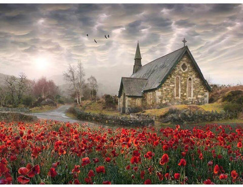 Image of Diamond Painting of a Stone Church with a Red Poppy Field