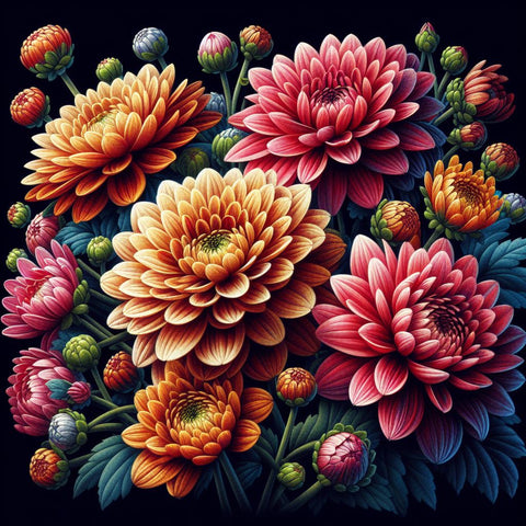 Image of Diamond painting of a stunning dahlia arrangement in a variety of colors.