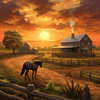 Diamond painting of a horse standing on a dirt road in front of a farmhouse at sunset.