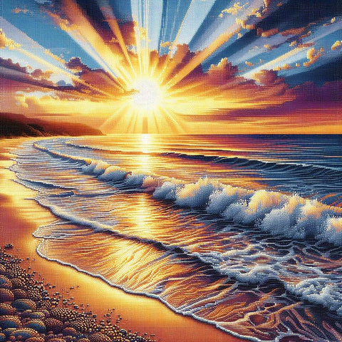 Image of Diamond painting of a vivid sunset over a calm ocean with crashing waves.