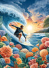 Diamond painting depicting a surfer riding a powerful ocean wave, with sunlight sparkling on the water.