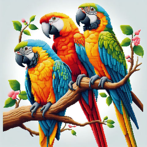 Image of Diamond painting of three colorful parrots perched on a branch