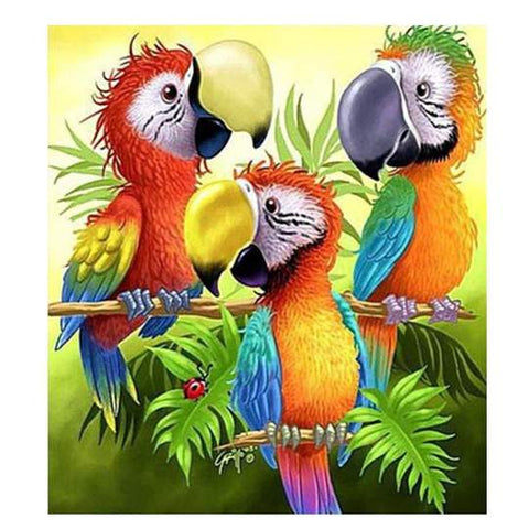 Image of Diamond painting featuring three colorful parrots perched on a branch.