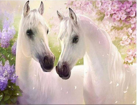 Image of Diamond painting of two white horses standing together.