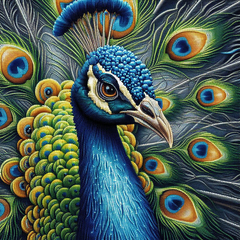 Image of Diamond painting of a peacock with its vibrant plumage in a dazzling display of colors.