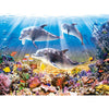 Diamond painting of a pod of dolphins swimming over a colorful coral reef.