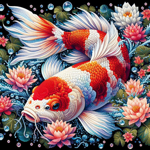 Image of Diamond painting depicting orange and white koi fish with shimmering scales.