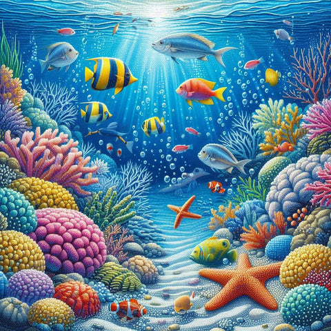 Image of Diamond painting of a colorful underwater scene with fish, coral, and a starfish.